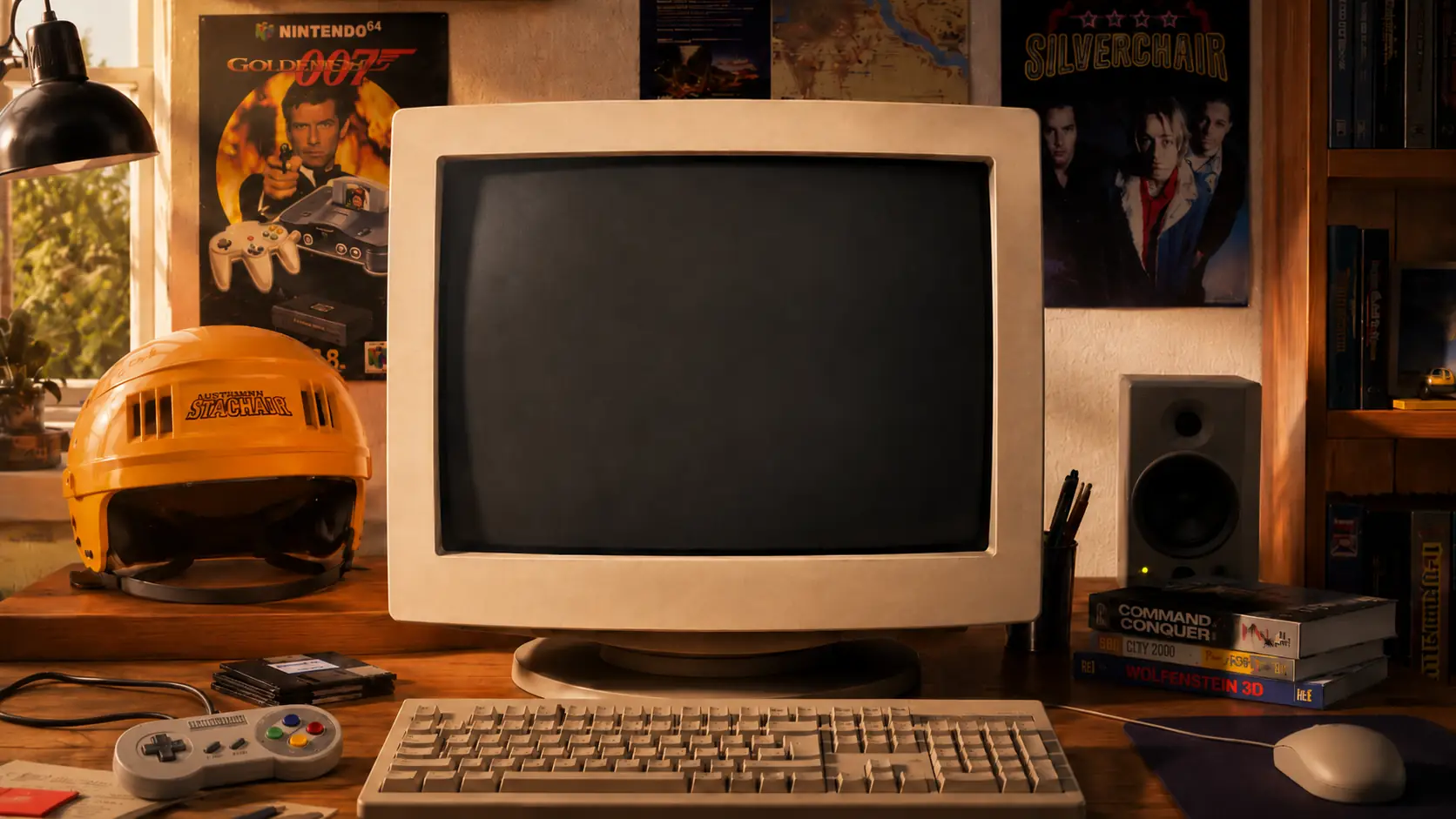 A warmly lit 1990s bedroom desk with a CRT computer