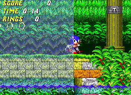 Sonic 2's Aquatic Ruin waterfall as hard-edged pixels: a barcode of alternating vertical stripes